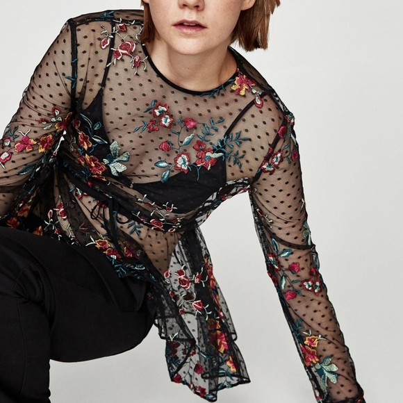 ZARA floral embroidered long sleeve top MED - Picture 3 of 13